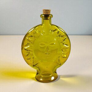 Vintage Yellow Glass Sun Face Bottle Vase with Cork Stopper Retro Mid Century